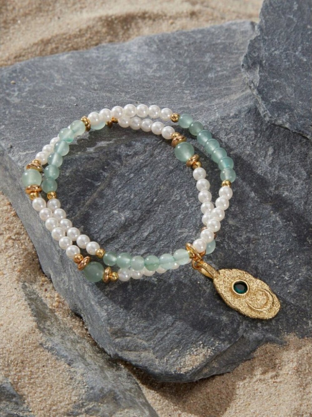 Cream Pearl & Sage Beaded Double-Strand Bracelet with Charm
